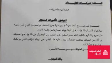 خطاب رسمي من جهة سودانية لشركات الطيران بخصوص إجراءات تأشيرات الدخول لمطار بورتسودان الدولي، يوضح شروط دخول الأجانب.