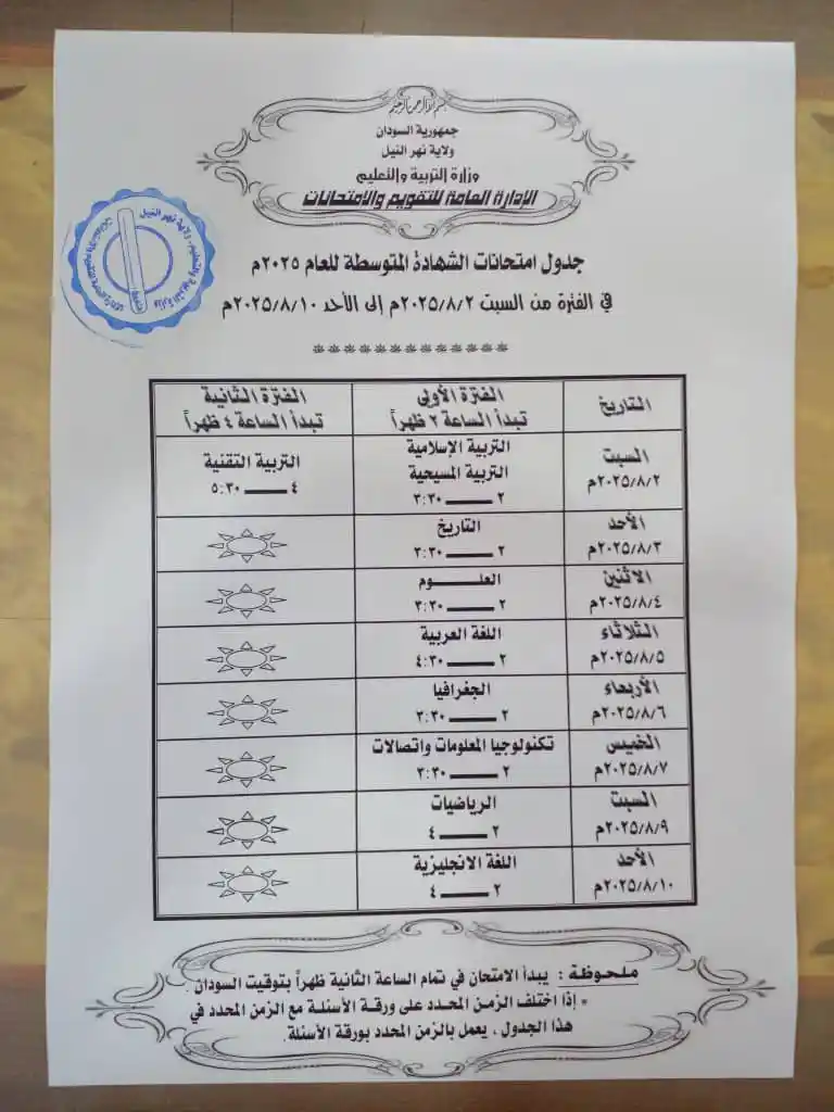 تعديل مواعيد امتحانات الشهادة الابتدائية والمتوسطة 2025 بولاية نهر النيل إلى الساعة الثانية ظهراً، استجابة لطلب مصري لتجنب تعارضها مع الجدول الدراسي المحلي، ويشمل المراكز الداخلية والخارجية.